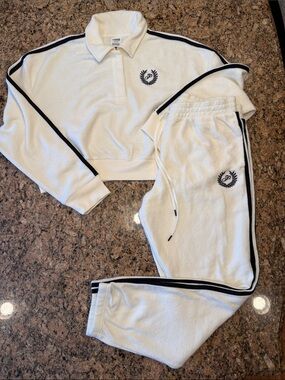 NWT Victoria's Secret PINK White Terry Sweatpants & Polo Sweatshirt Size Large